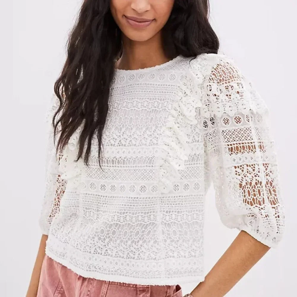 Anthropologie Seen Serena Lace Ruffle Blouse Top Women S 3/4 Sleeve Lined Cotton